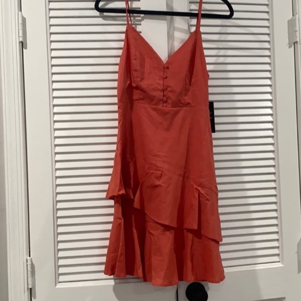 Lulus Brielle Coral Orange Ruffled Skater Dress - Picture 1 of 5